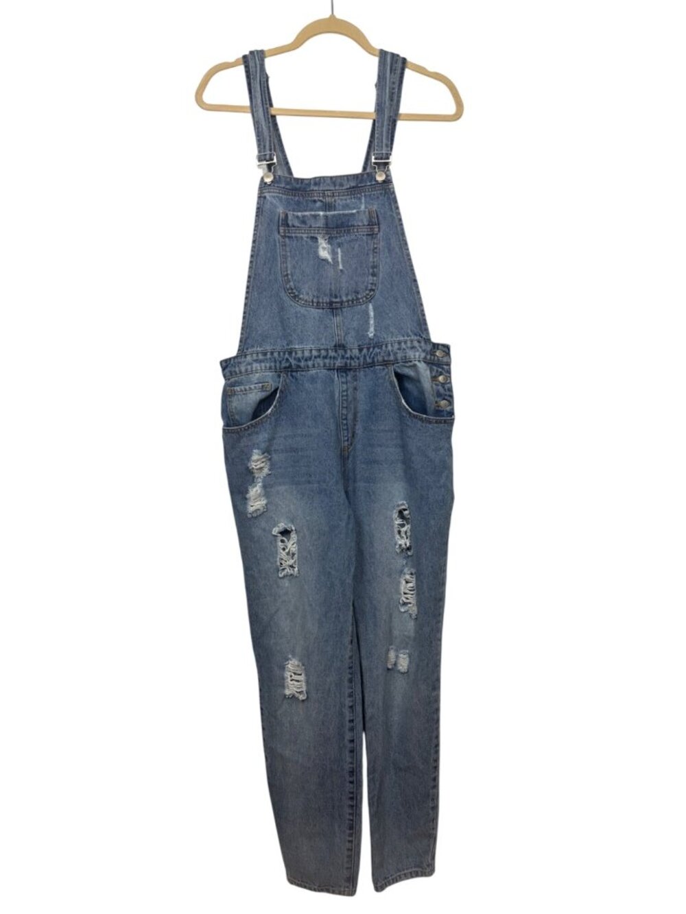 ✨3/$30 Forever 21 31 M Distressed Denim Overalls  Blue Ripped Jeans Jumpsuit